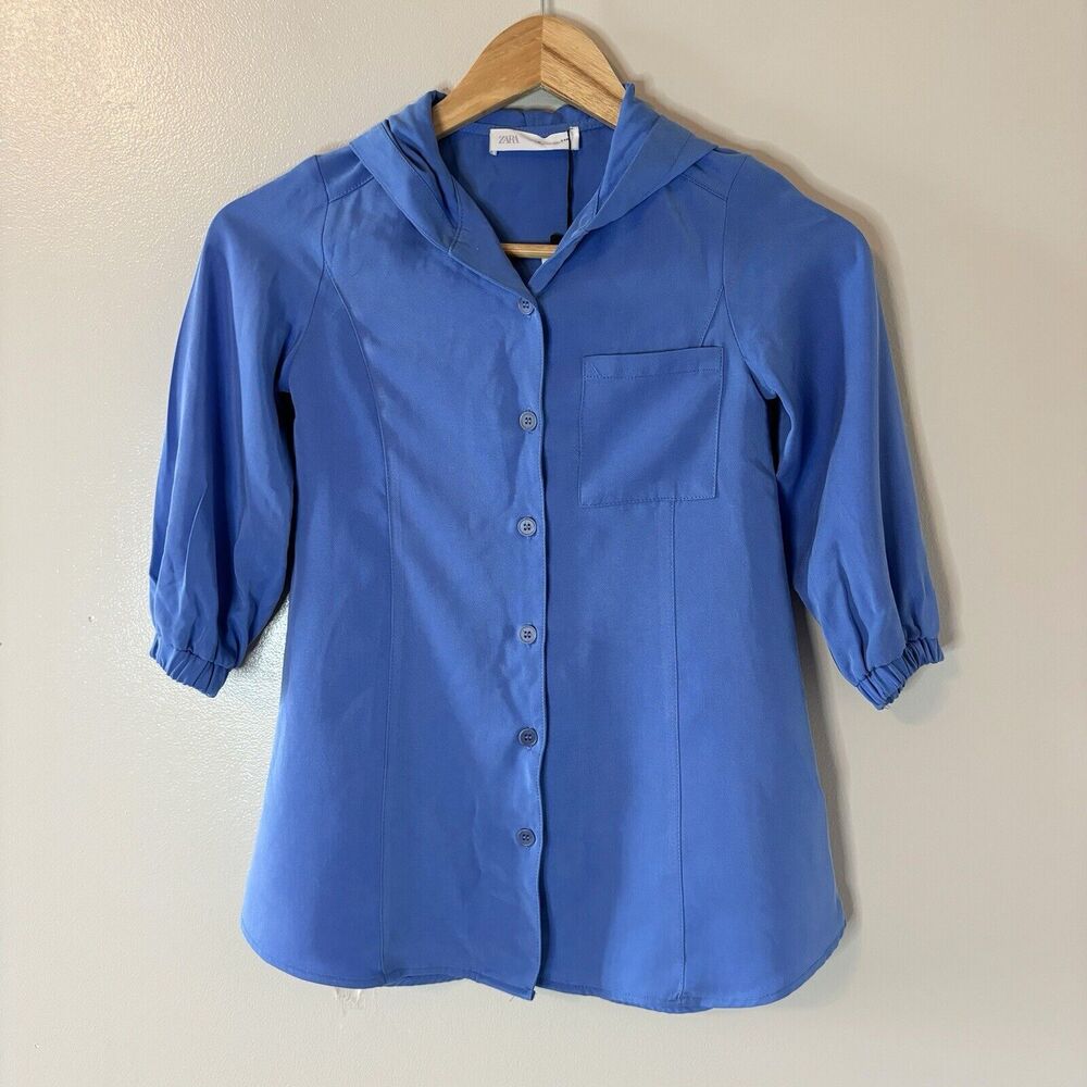Zara NEW Hooded Button Up Top Blue Womens Lyocell Shirt Sz 6